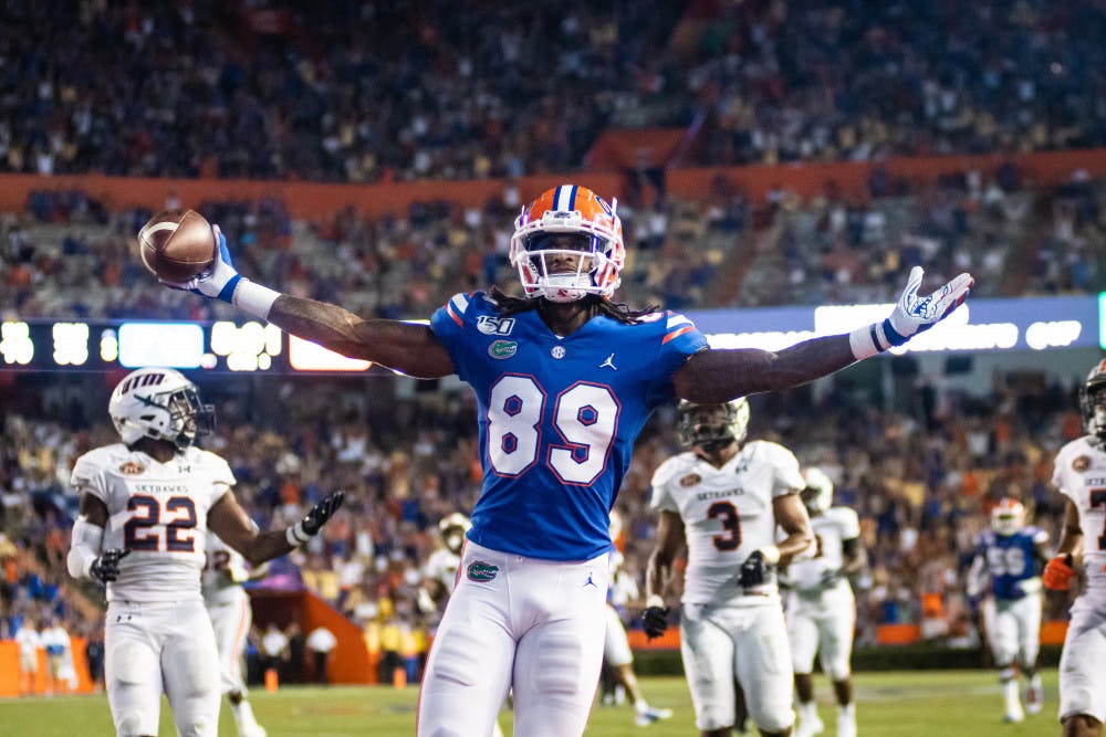 <p>Wide receiver Tyrie Cleveland celebrates after catching a touchdown in Florida's 45-0 win over UT Martin.</p>