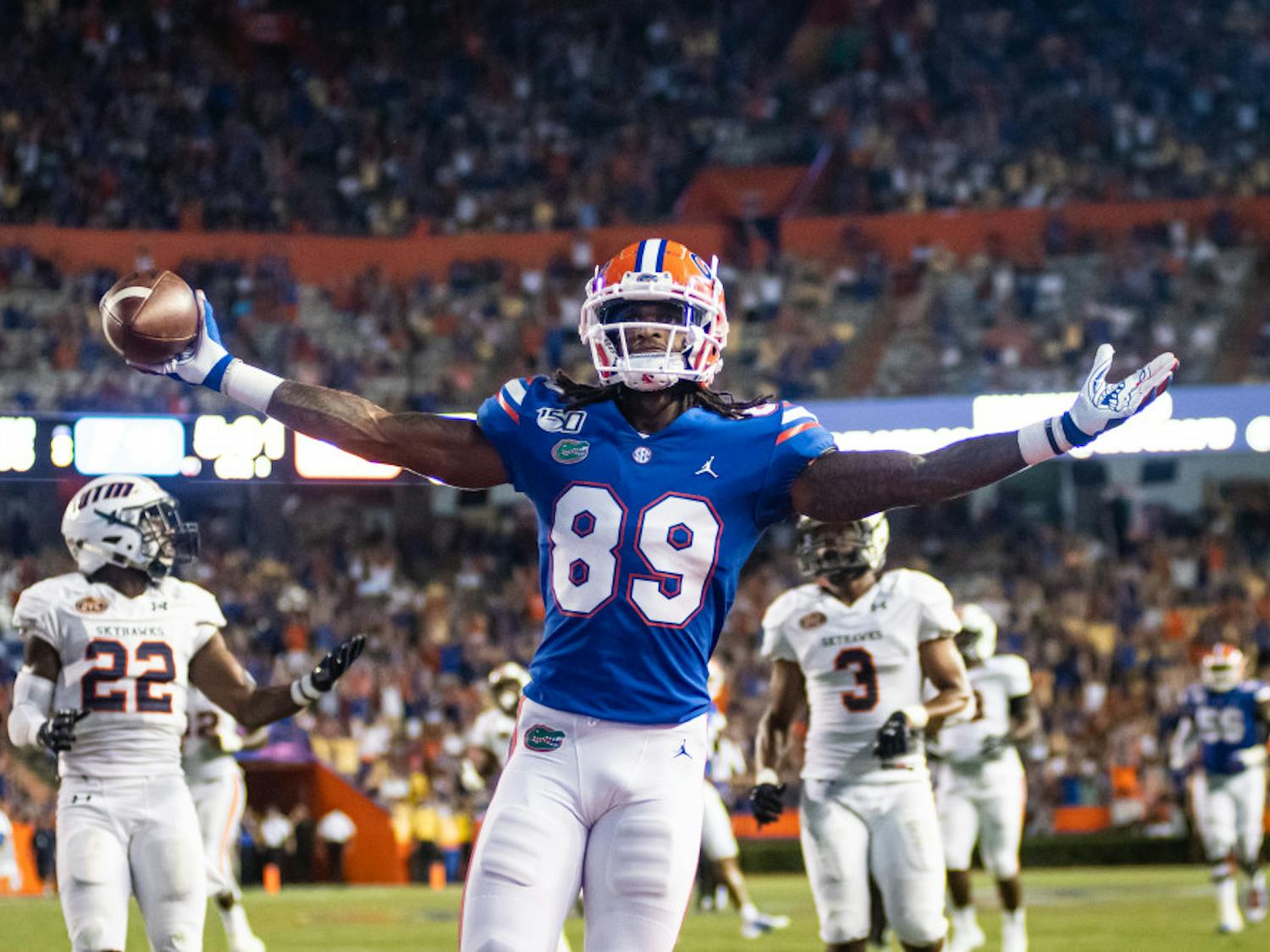 Wide receiver Tyrie Cleveland celebrates after catching a touchdown in Florida's 45-0 win over UT Martin.