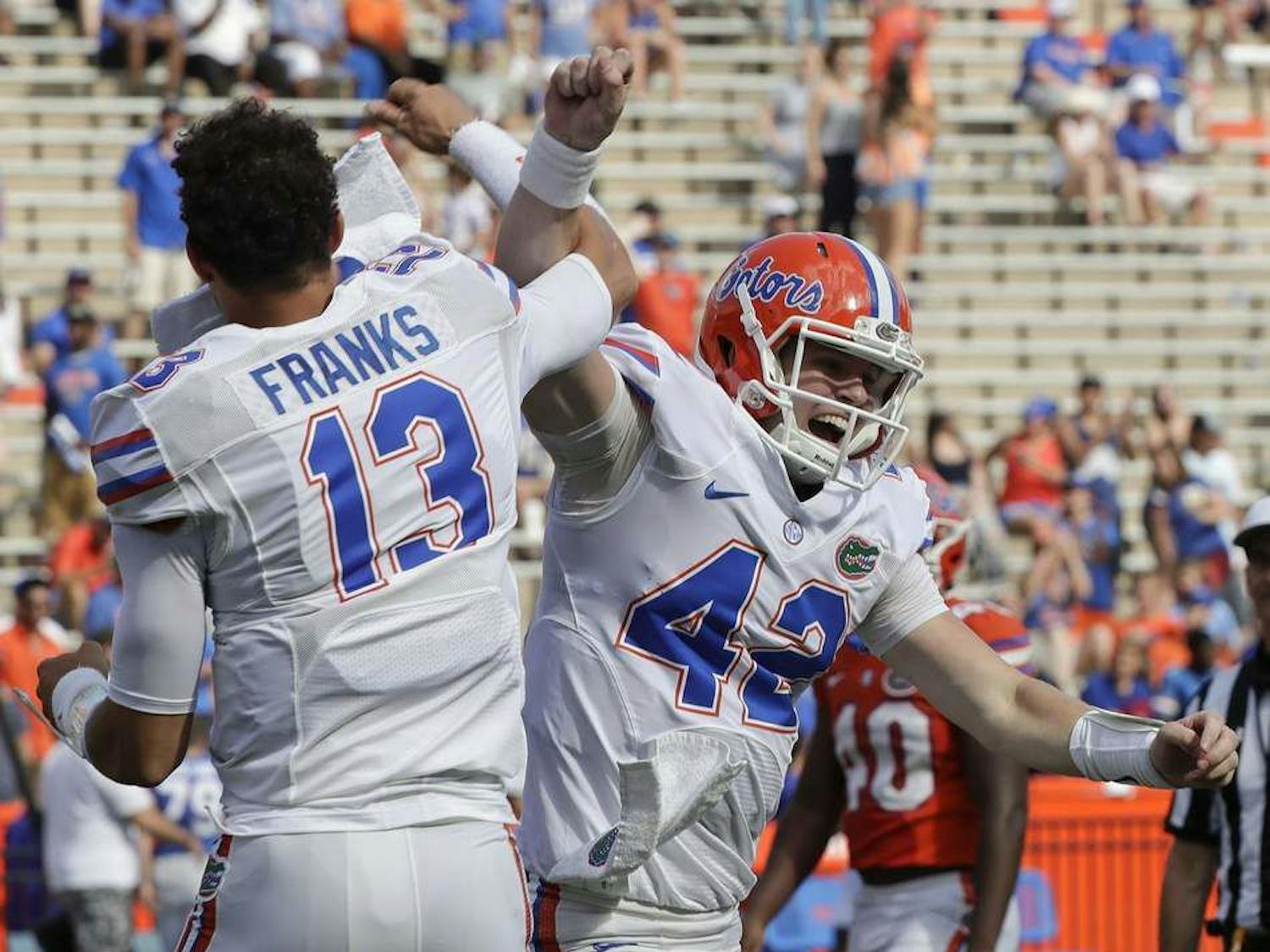 Florida quarterback Feleipe Franks cracks columnist Andrew Huang's top-five touchdown celebrations list during Saturday's Orange and Blue Game.