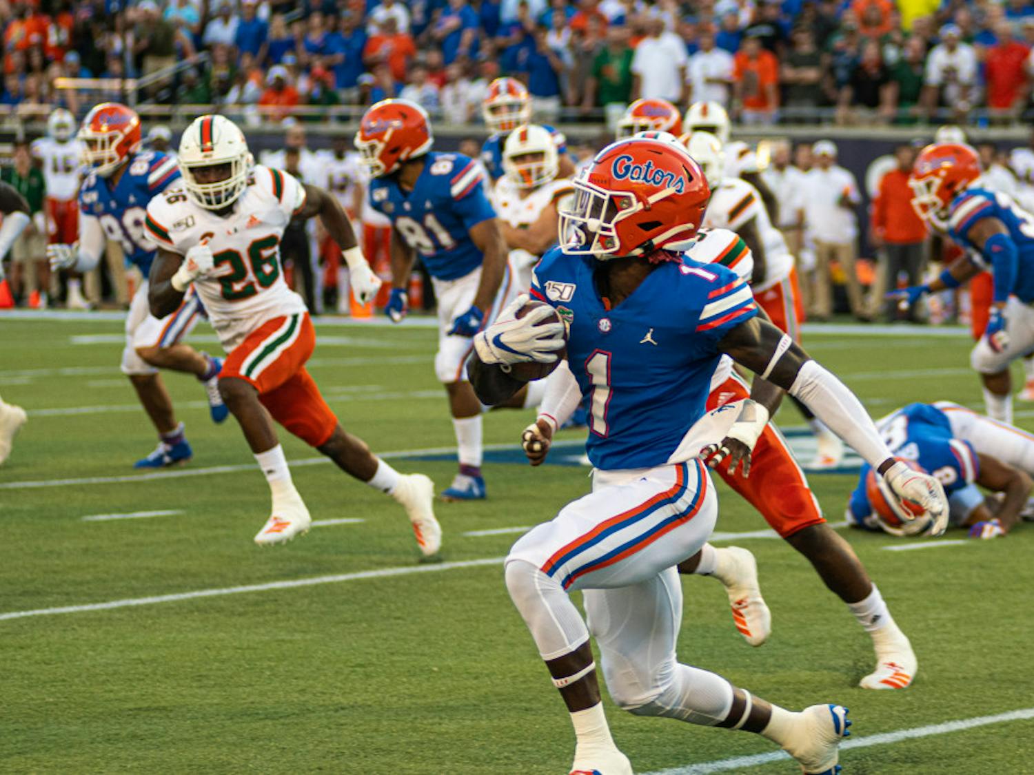 UF receiver Kadarius Toney scored on a 66-yard pass against Miami.