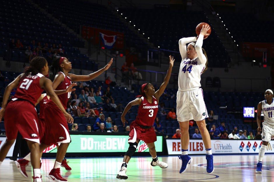 UF forward Haley Lorenzen attempts a jump shot during Florida's 57-53 win against Arkansas on Feb. 9, 2017, in the O'Connell Center.