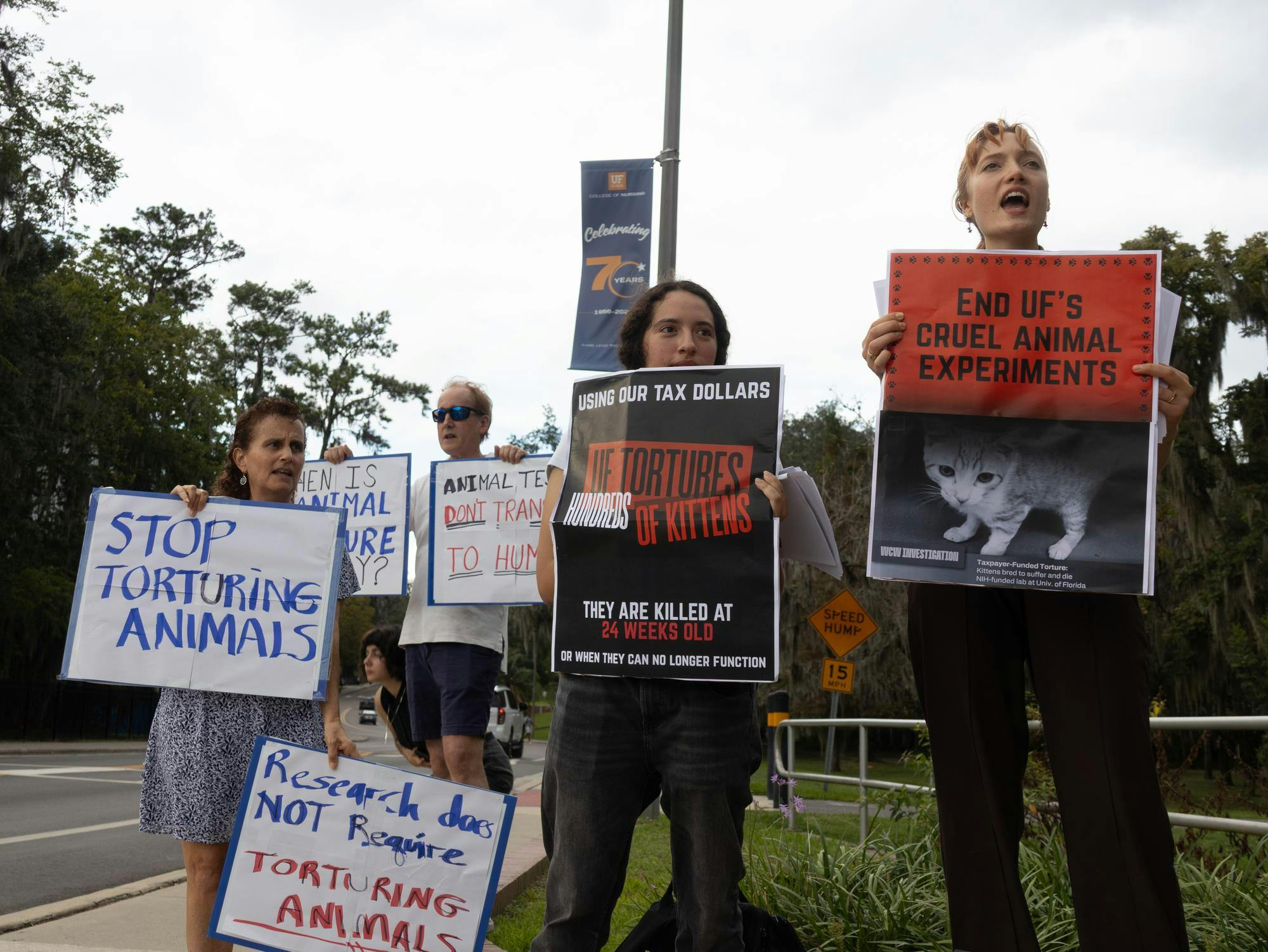 Cheyenne Lukaner leads chant in front of UF’s Communicore Building to protest animal experimentation in UF labs Friday, Oct. 16, 2026 in Gainesville, Fla.