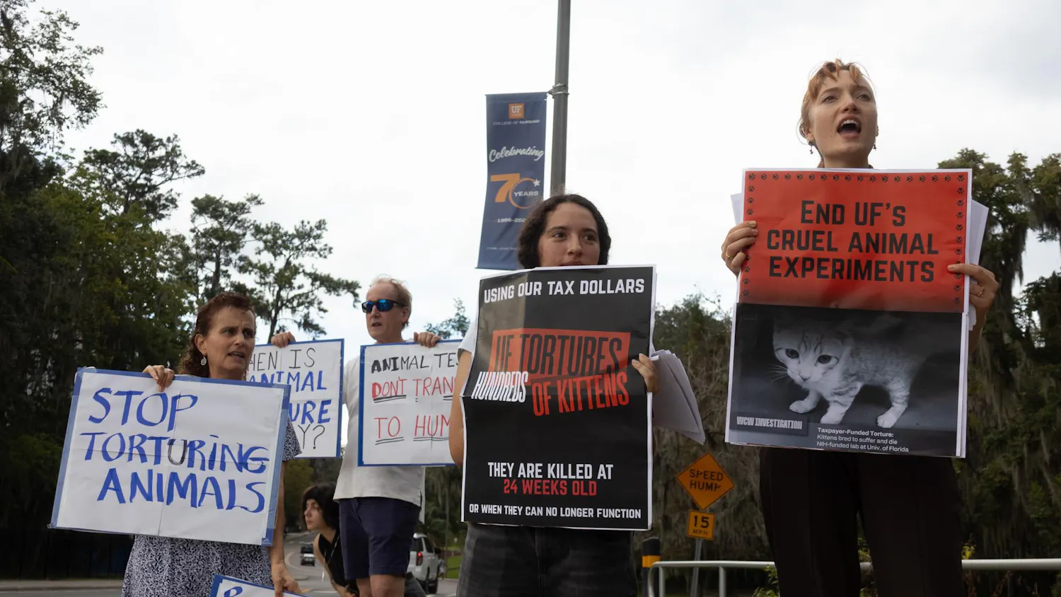 Cheyenne Lukaner leads chant in front of UF’s Communicore Building to protest animal experimentation in UF labs Friday, Oct. 16, 2026 in Gainesville, Fla.