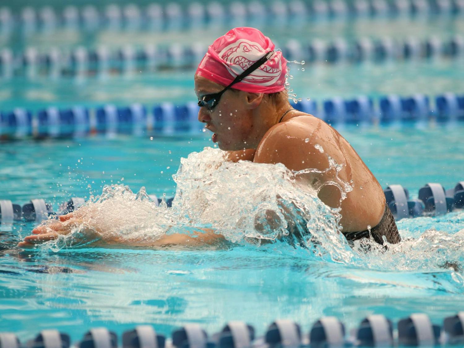 Anita Bottazzo finishes first in the women’s 100-meter breaststroke against Georgia at the Stephen C. O’Connell Center Natatorium on Friday, Oct. 31, 2025.