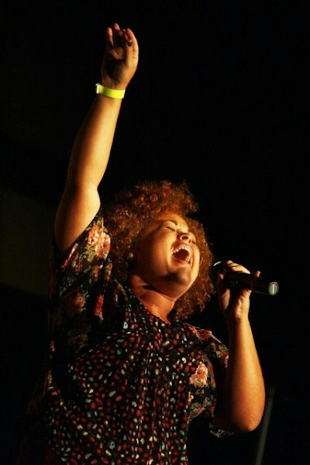 <p>Soloist Jessica Jones performs her rendition of "Don't Rain on My Parade" at the 2011 Talent Night Wednesday.</p>