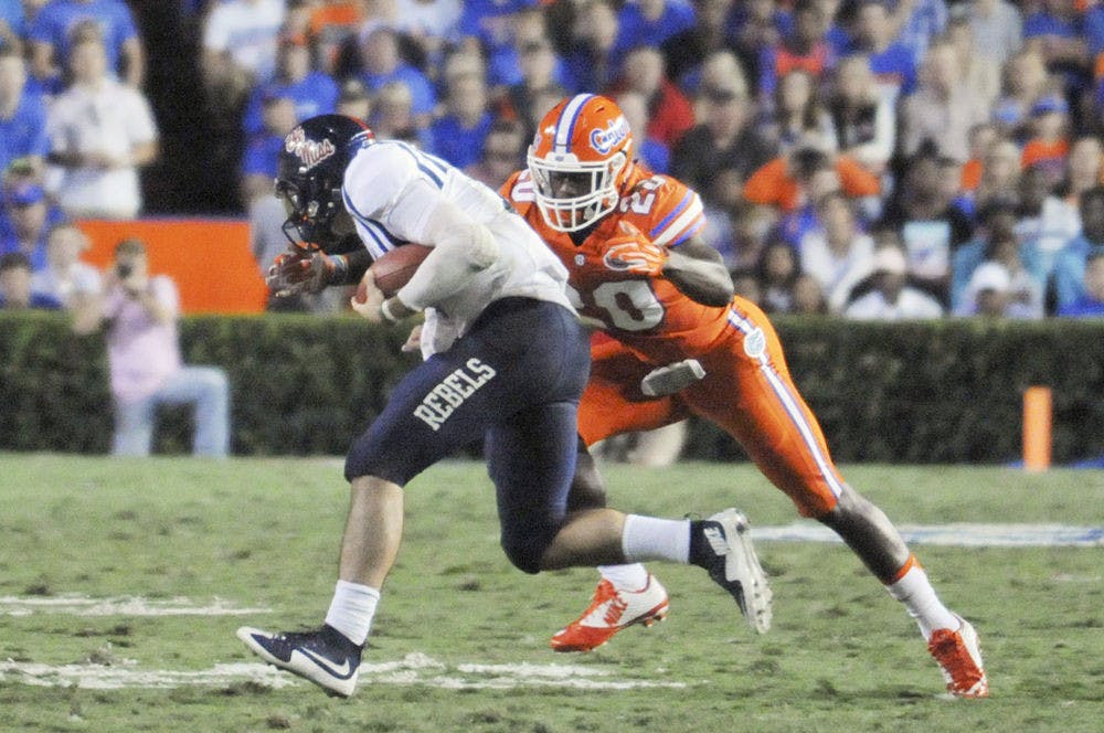 <p>UF safety Marcus Maye goes in for a tackle during Florida's 38-10 win against Ole Miss on Oct. 3, 2015, at Ben Hill Griffin Stadium.</p>