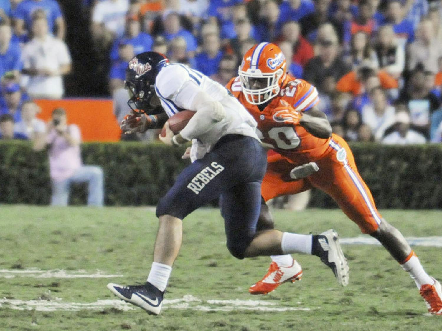 UF safety Marcus Maye goes in for a tackle during Florida's 38-10 win against Ole Miss on Oct. 3, 2015, at Ben Hill Griffin Stadium.