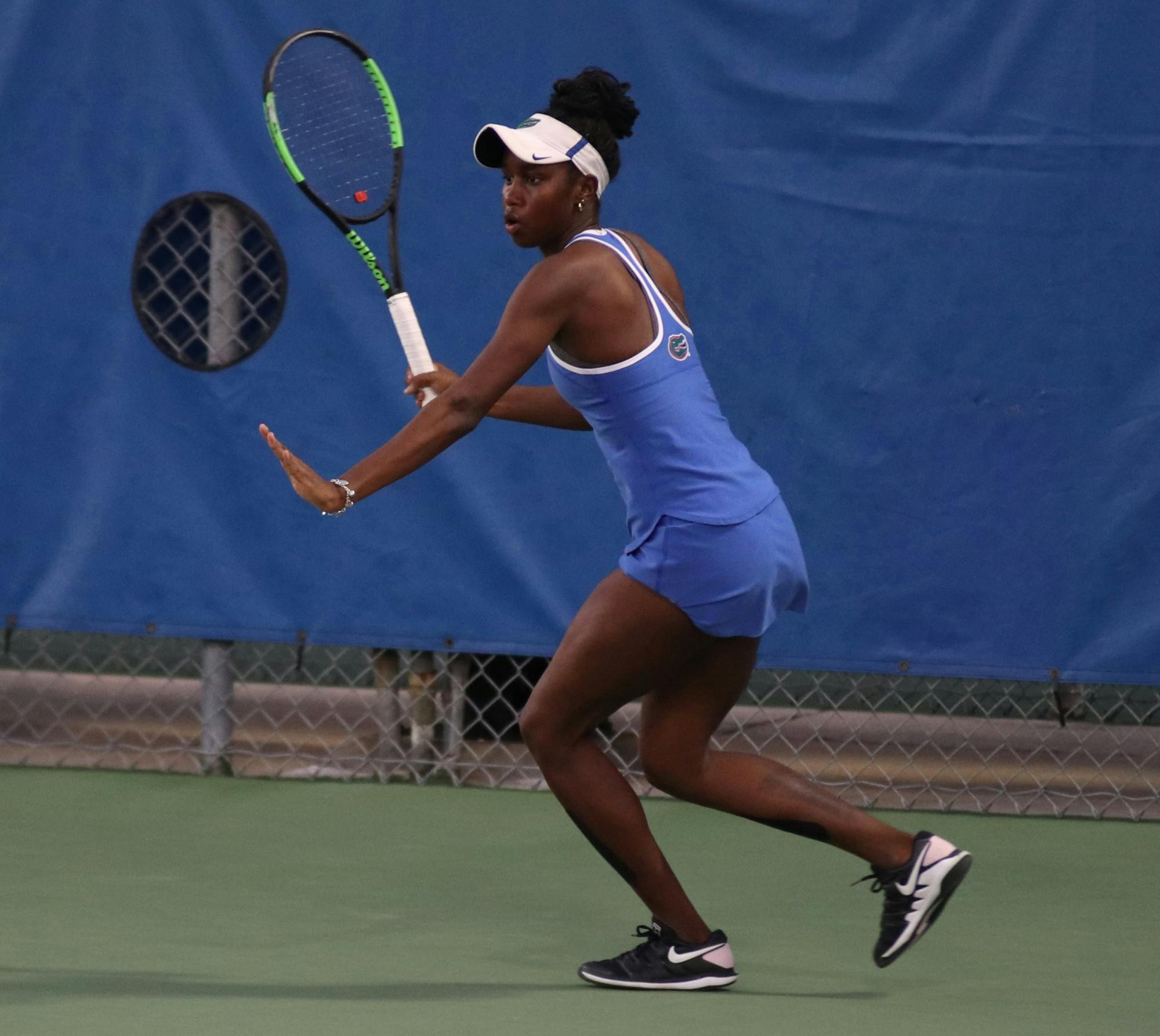 Marlee Zein prepares a forehand return against LSU Feb. 26