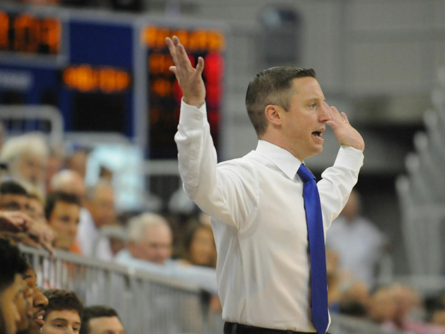 UF men's basketball coach Mike White reacts after a play during the first half of Florida's 89-42 win against Palm Beach Atlantic in an exhibition game Nov. 5, 2015, in the O'Connell Center.
