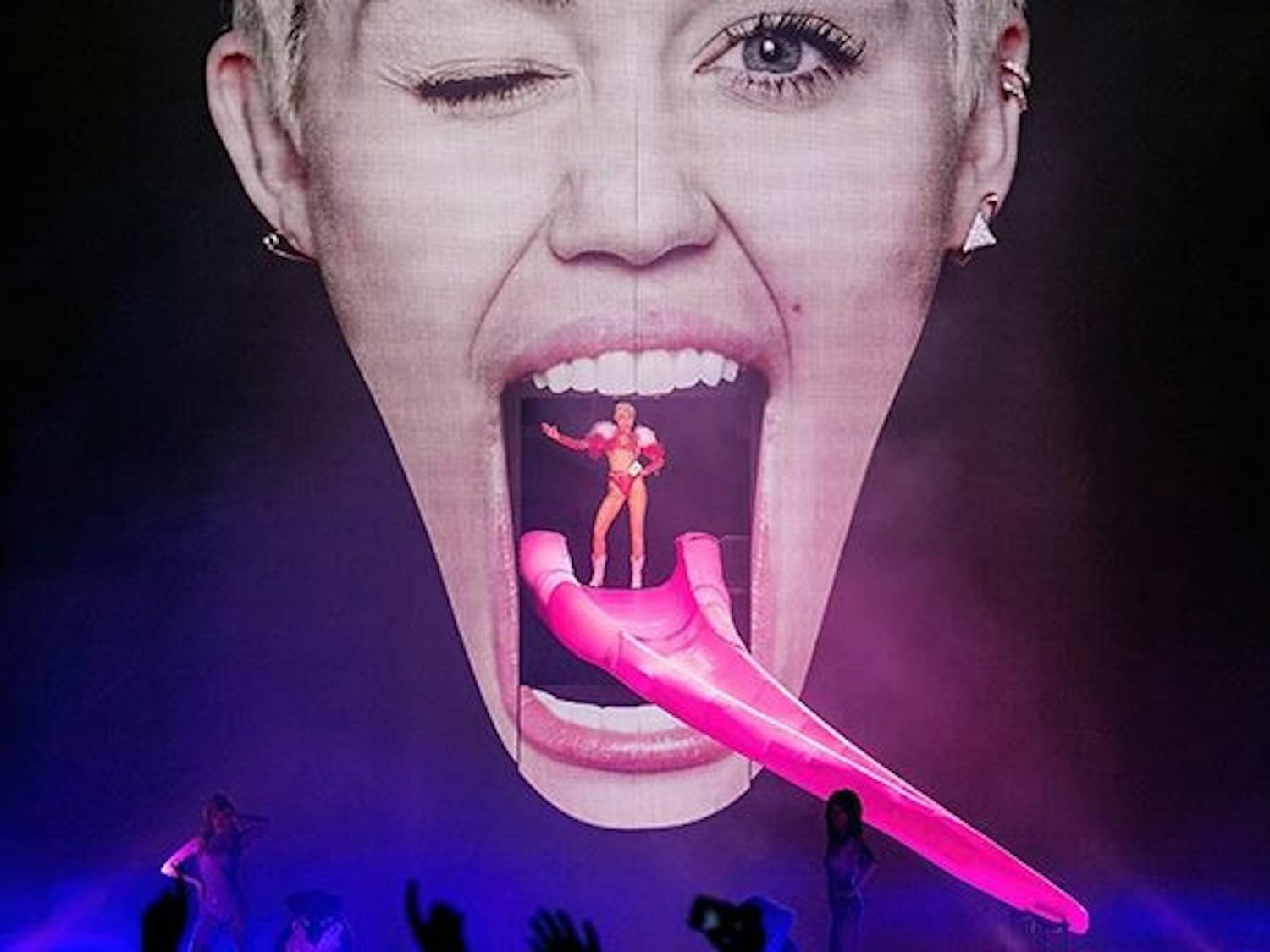 Miley Cyrus performs on her "Bangerz Tour" in 2014.