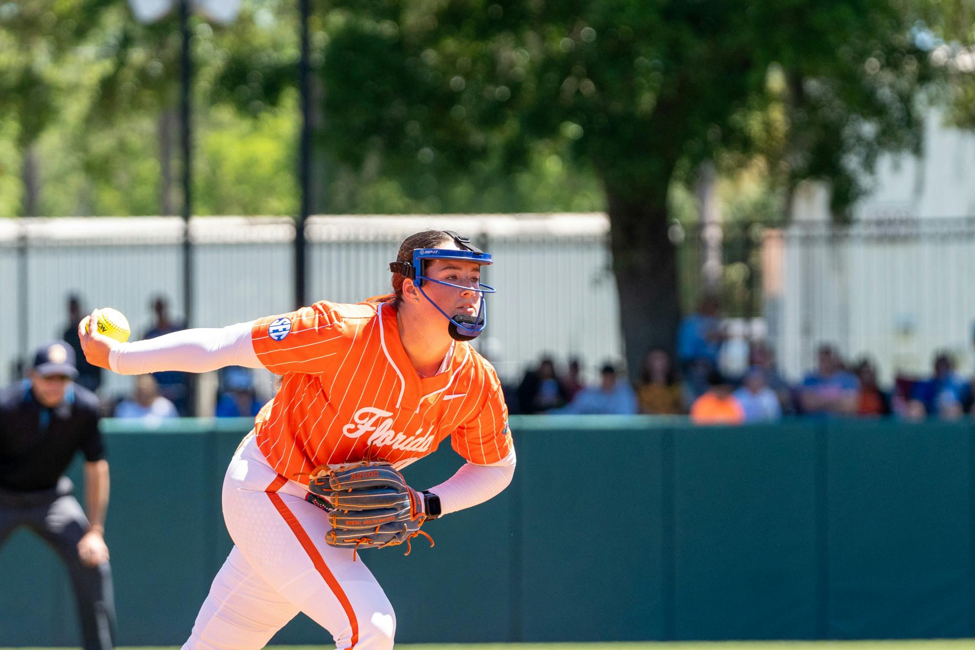 Florida softball freshman Ava Brown begins to pitch the ball in the team's loss to the LSU Tigers on Sunday, April 7, 2024. 