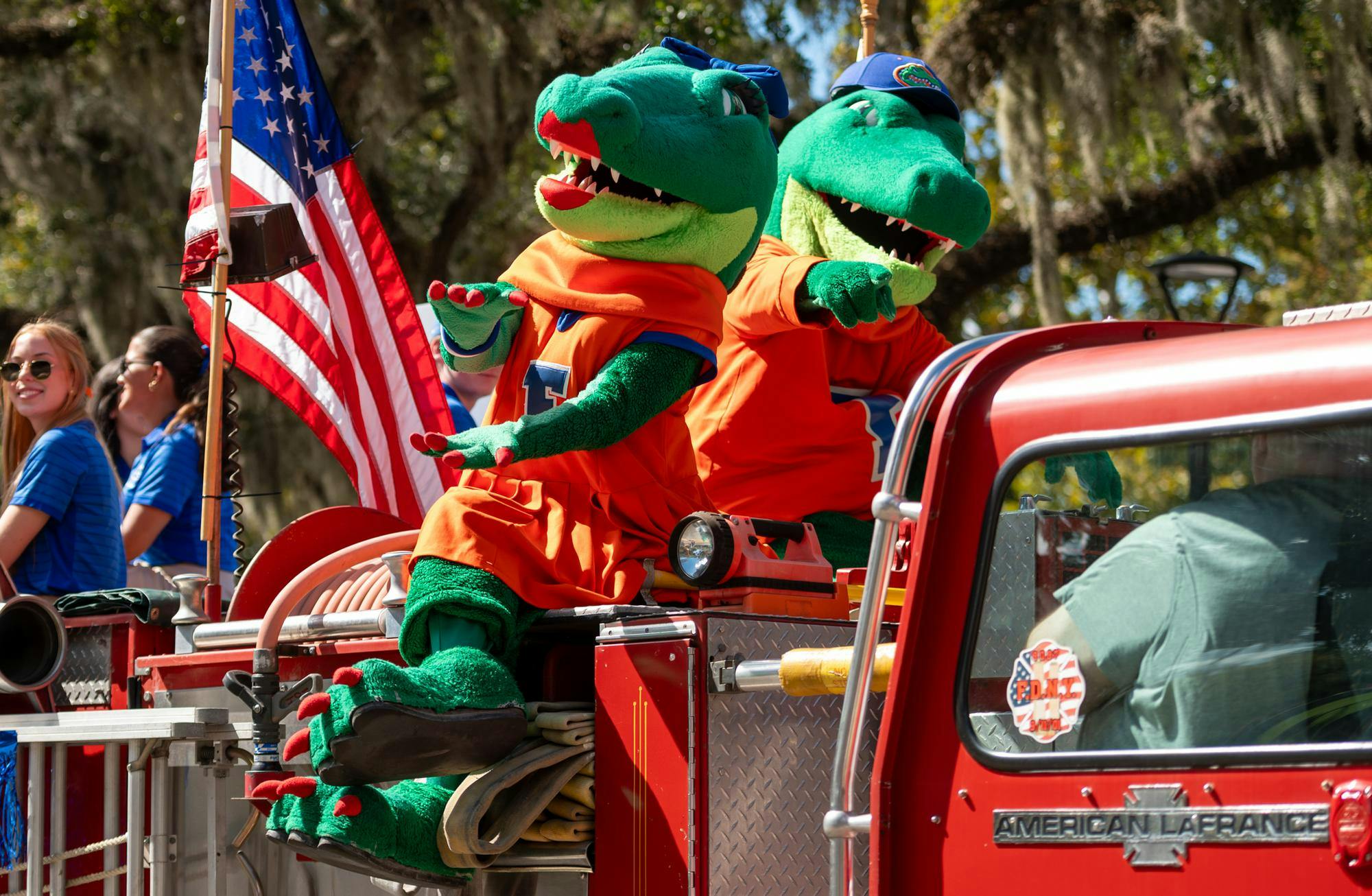 UF mascots Albert and Alberta ride down 13th Street in Gainesville in the 102nd University of Florida Homecoming Parade. The Parade took place on Friday, Oct. 17, 2025.