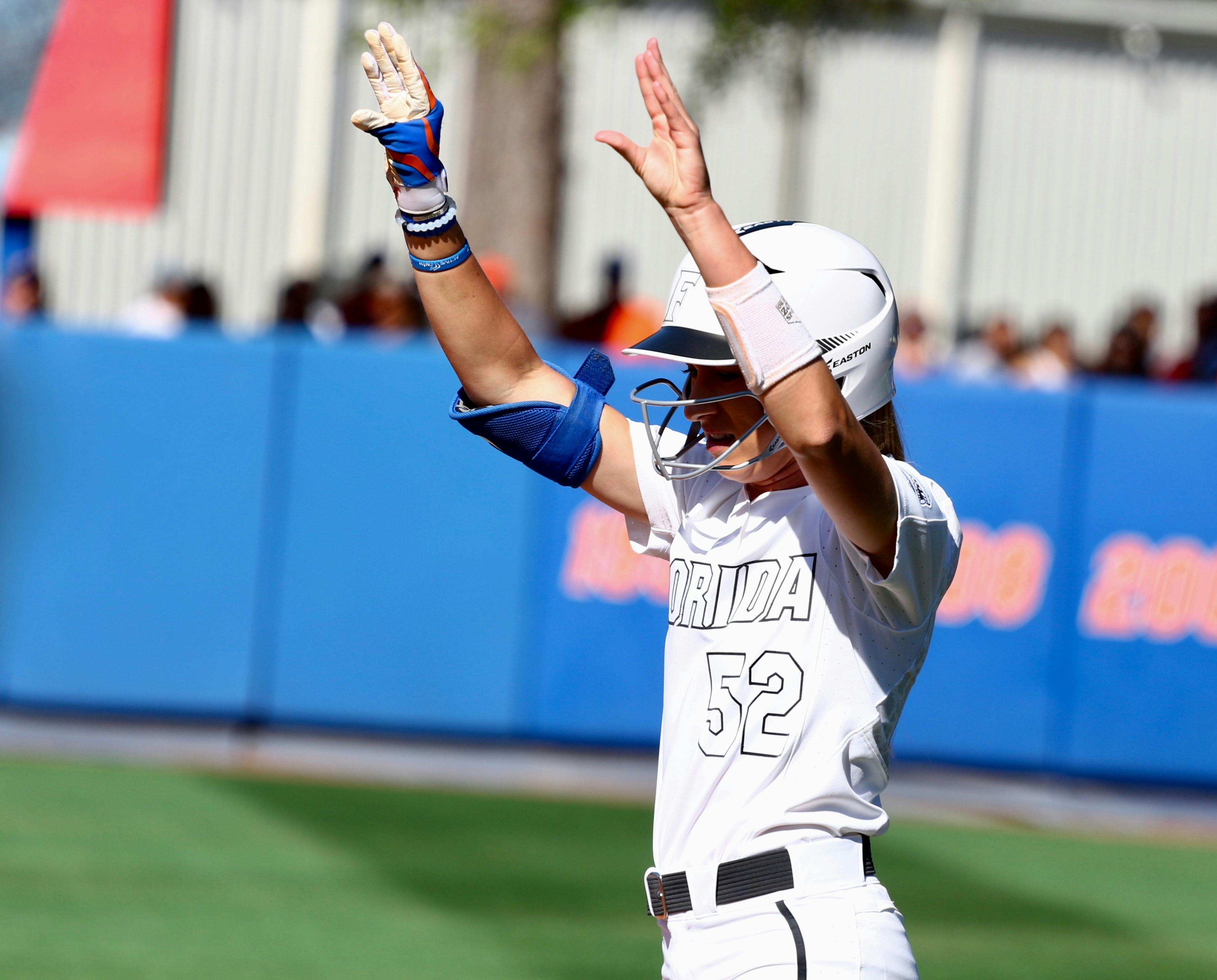 Justine McLean celebrates after reaching base during Florida's 5-0 win over Georgia on April 8, 2017, at Katie Seashole Pressly Stadium.