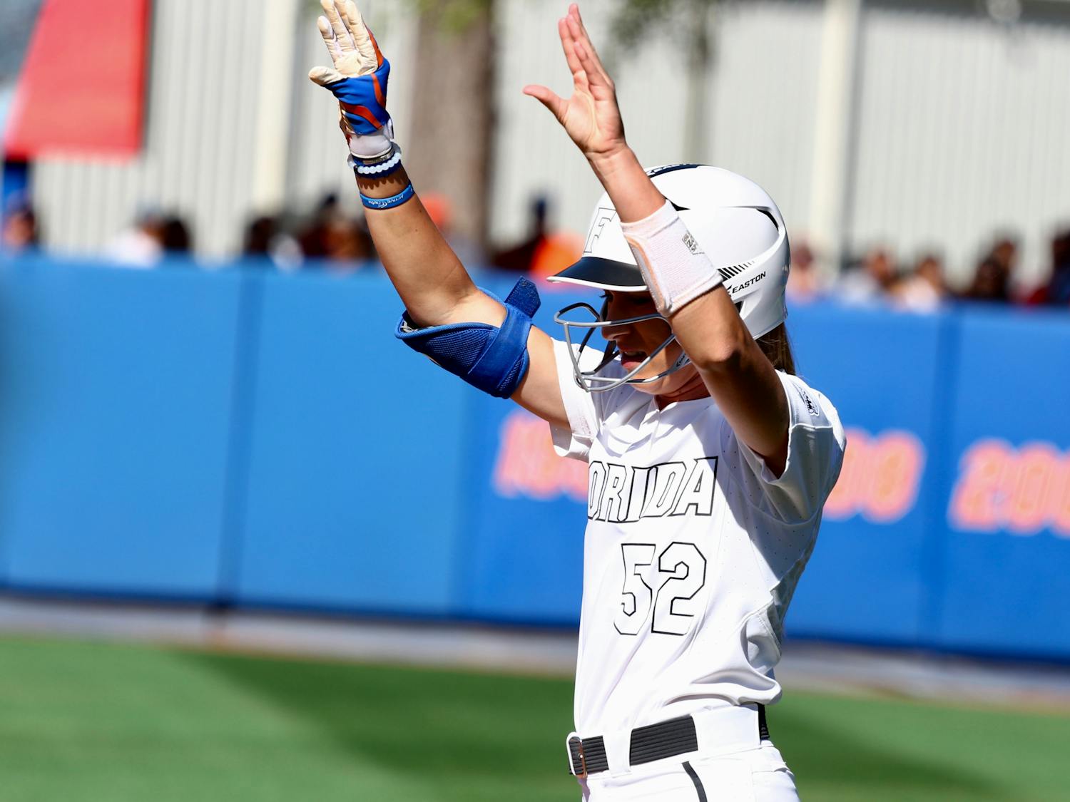 Justine McLean celebrates after reaching base during Florida's 5-0 win over Georgia on April 8, 2017, at Katie Seashole Pressly Stadium.