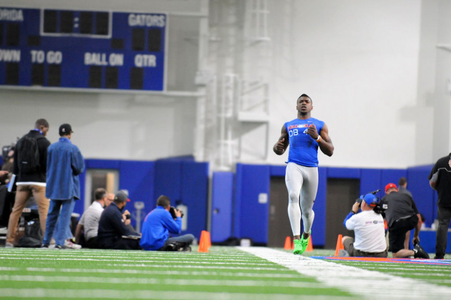 Eighteen UF football players, 15 of whom were on the team last season, practiced in front of 70 scouts and assistant coaches representing all 32 NFL teams ahead of May’s NFL Draft.