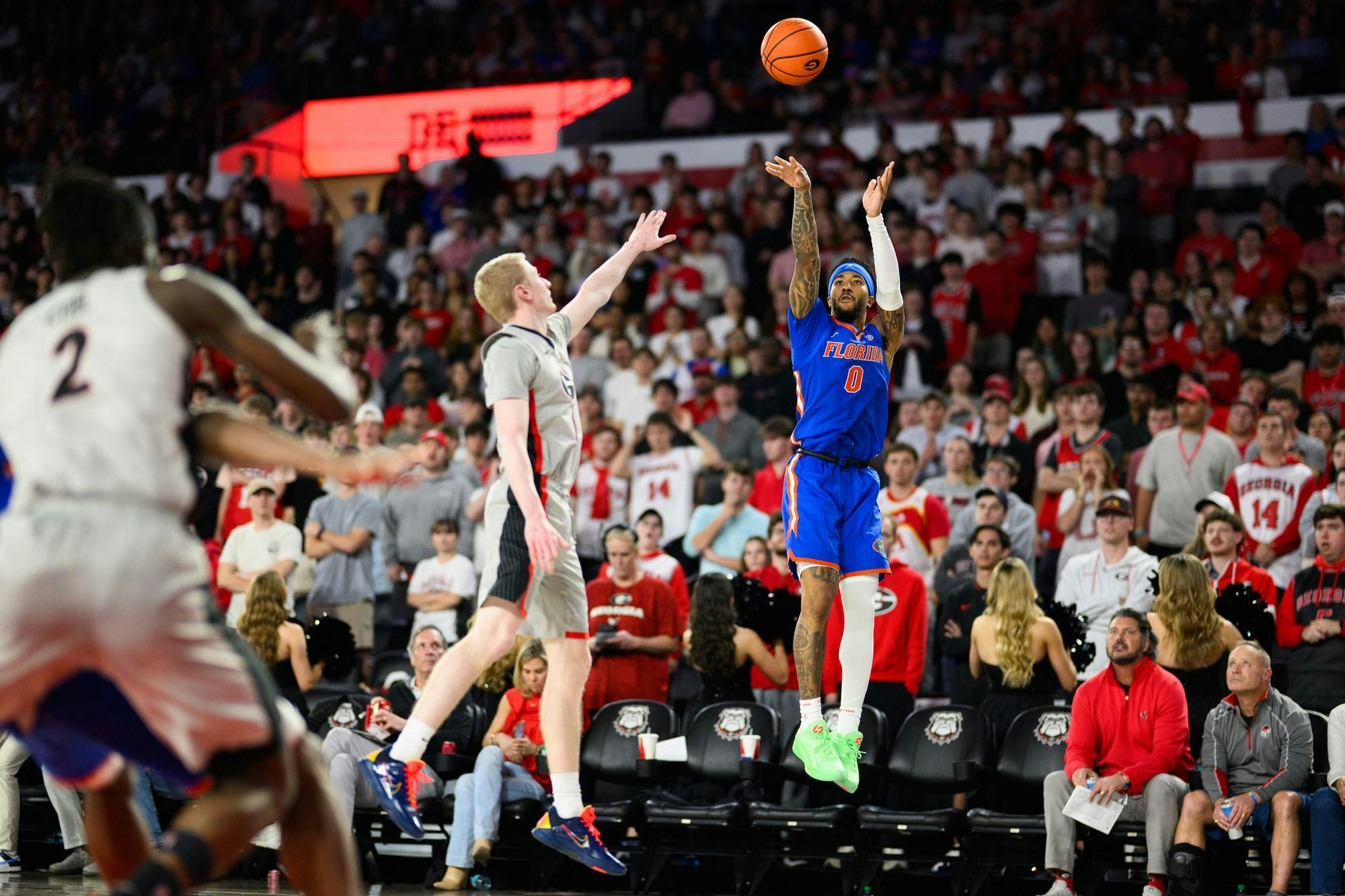 Florida guard Boogie Fland (0) shoots a three during the second half of an NCAA college basketball game against Georgia, Wednesday, Feb. 11, 2026, in Athens, Ga.