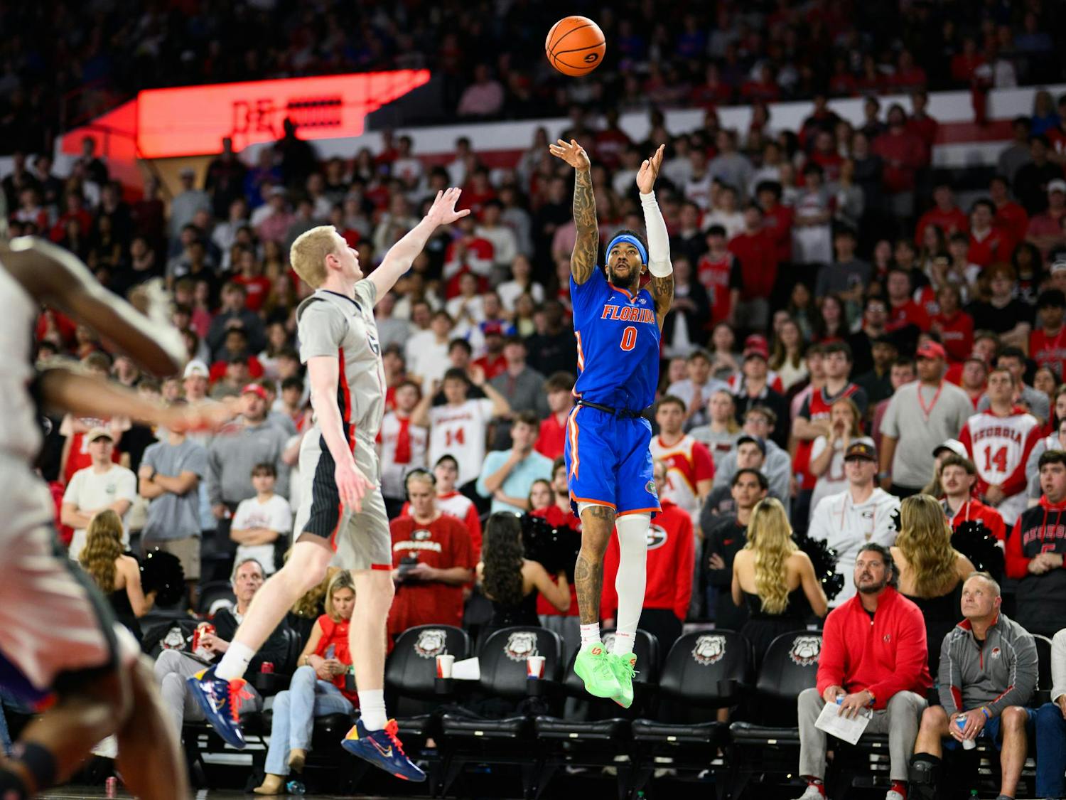 Florida guard Boogie Fland (0) shoots a three during the second half of an NCAA college basketball game against Georgia, Wednesday, Feb. 11, 2026, in Athens, Ga.