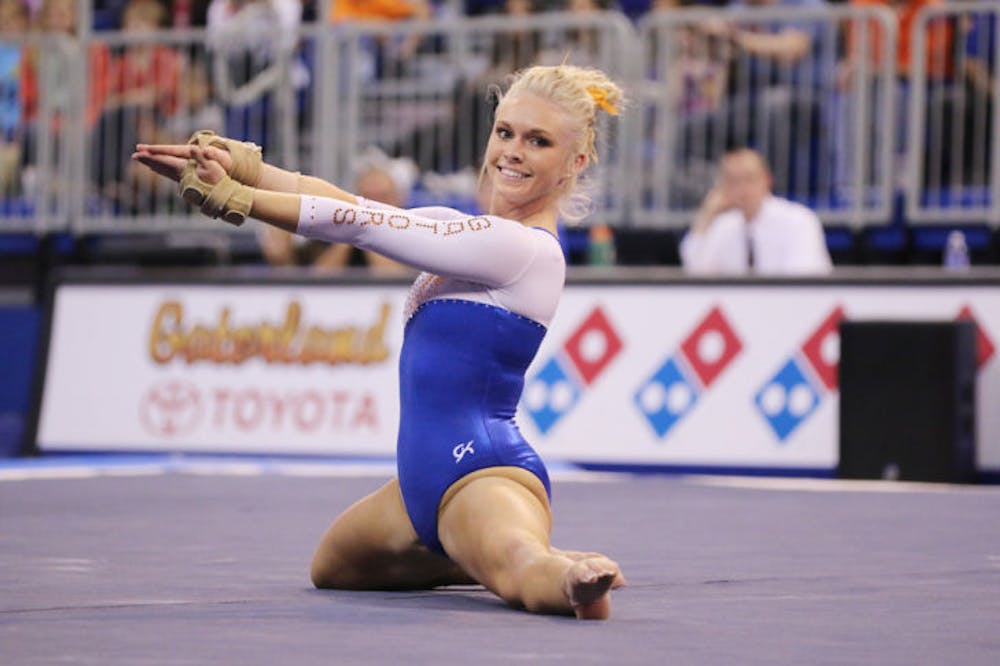 <p>Rachel Spicer performs a floor routine during Florida’s 197.525-196.025 win against Arkansas on Feb. 14 in the O’Connell Center.</p>