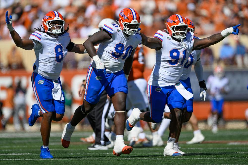 <p>Florida’s defense celebrates after forcing a turnover during the second half of an NCAA college football game against Texas, Saturday, Oct. 17, 2026,  in Austin, Texas.</p>