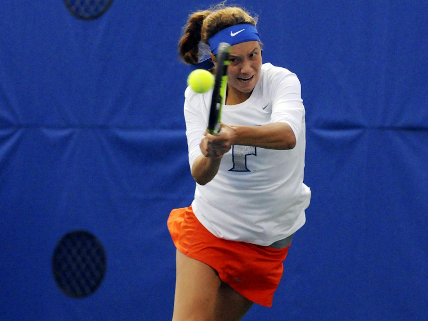 UF's Anna Danilina returns a ball during Florida's 6-1 win over USF on Jan. 27, 2016, at the Ring Tennis Complex. 