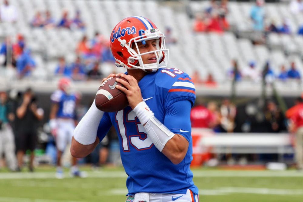 <p>Feleipe Franks threw for 117 passing yards and recorded three total touchdowns in UF's Orange and Blue Game on Saturday.</p>