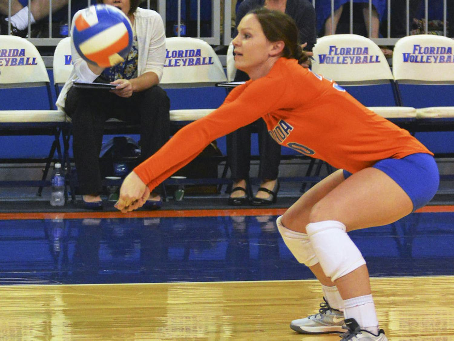 Holly Pole squats for a dig attempt during Florida's 3-0 win against Georgia.