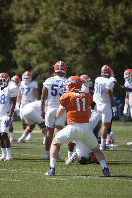 UF quarterback Kyle Trask drops back to pass during a spring practice at the Sanders Practice Field on March 22, 2017.