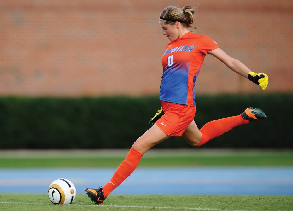 <p>Taylor Burke kicks the ball during Florida’s 3-1 victory against Oregon State on Aug. 25 at James G. Pressly Stadium. The junior goalkeeper has three consectuive shutouts in September.</p>