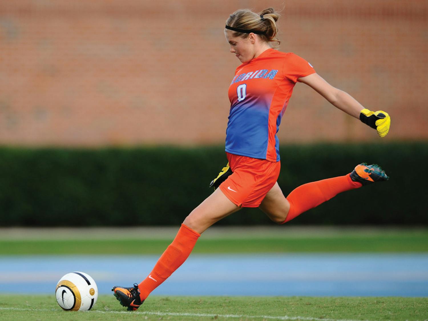 Taylor Burke kicks the ball during Florida’s 3-1 victory against Oregon State on Aug. 25 at James G. Pressly Stadium. The junior goalkeeper has three consectuive shutouts in September.