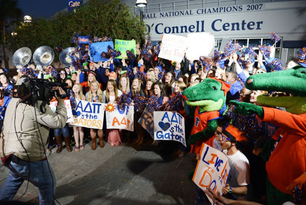 <p>Students gather in front of the Stephen C. O’Connell Center on Friday morning as part of a live broadcast on NBC’s “Today” show in support of the UF men’s basketball team.</p>