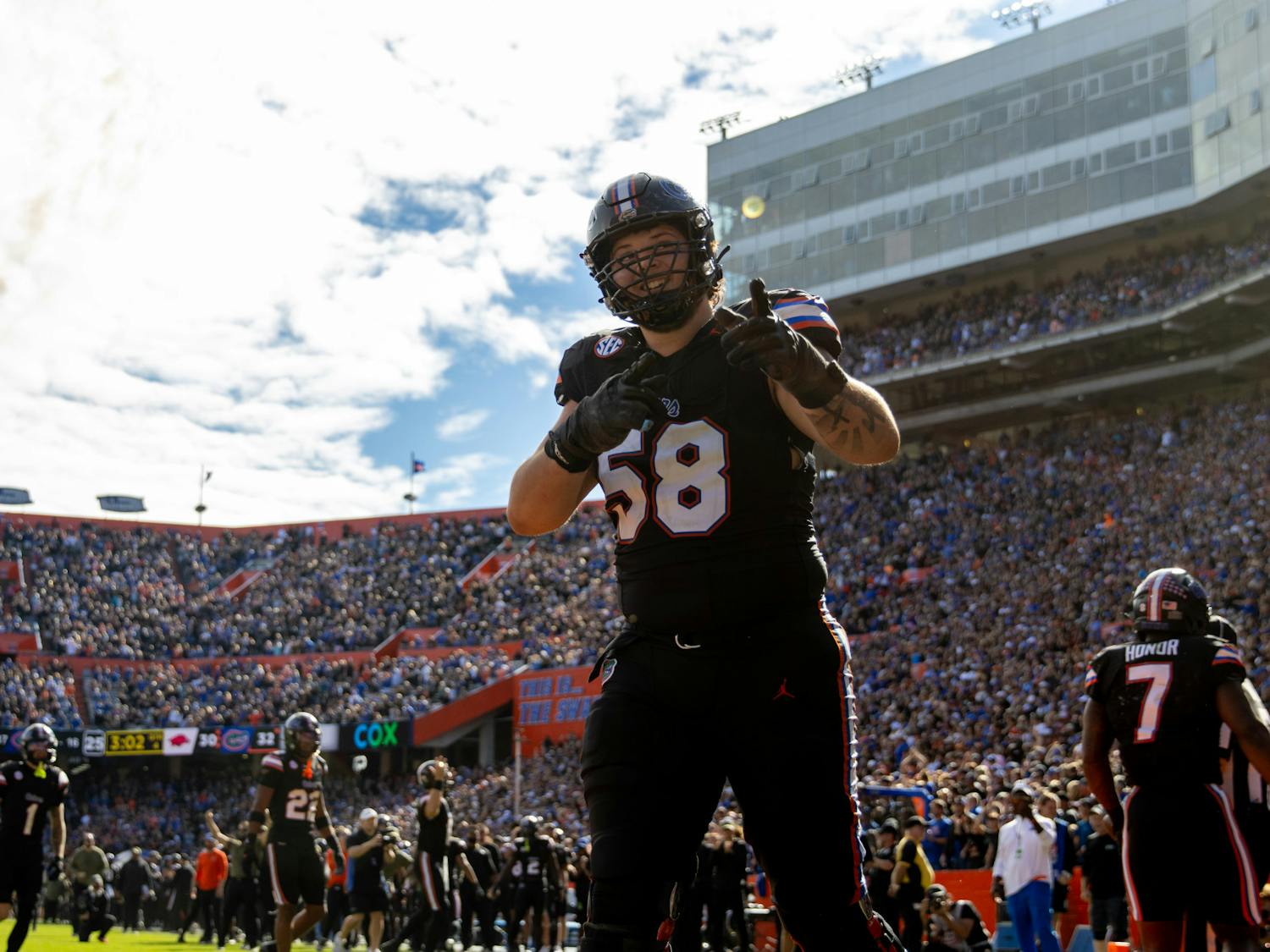Florida lineman Austin Barber celebrates a UF touchdown during the Florida Gators Football game vs the Arkansas Razorbacks on Saturday, Nov. 4, 2023.
