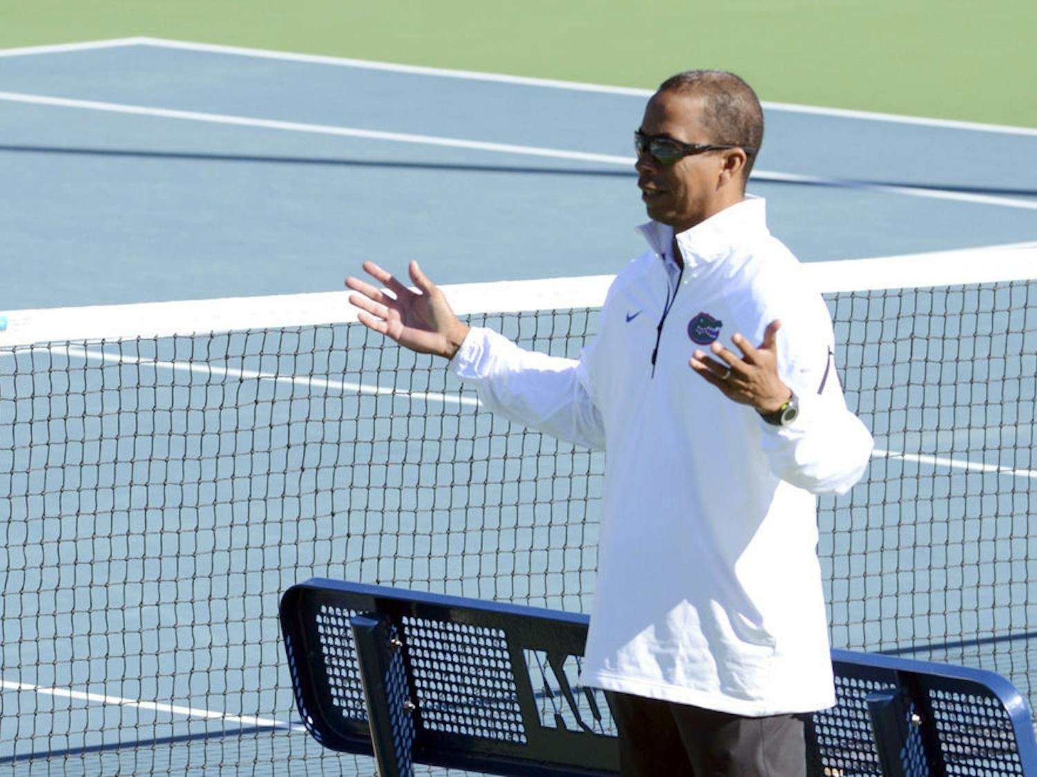 UF men's tennis coach Bryan Shelton reacts during Florida's 9-3 win against William & Mary on Jan. 10, 2015 at the Ring Tennis Complex.