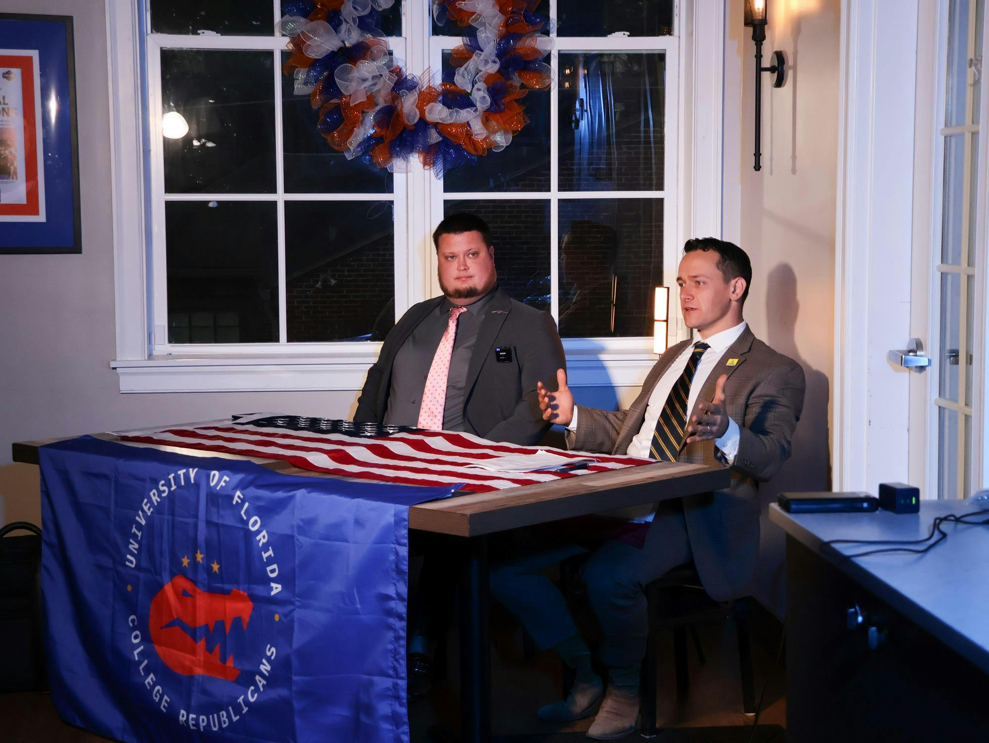 Logan Edge (left) and Marshall Rawson (right) speaking at the Legalize Guns on Campus event hosted by the University of Florida College Republicans at the Swamp Restaurant in Gainesville, FL on Tuesday, January 20th, 2026.