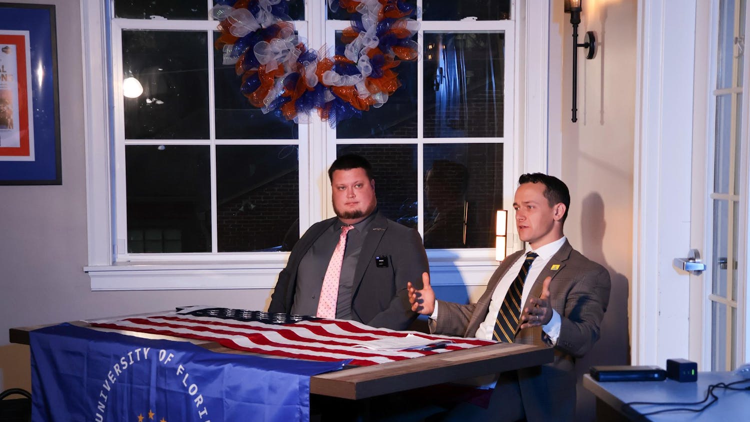 Logan Edge (left) and Marshall Rawson (right) speaking at the Legalize Guns on Campus event hosted by the University of Florida College Republicans at the Swamp Restaurant in Gainesville, FL on Tuesday, January 20th, 2026.