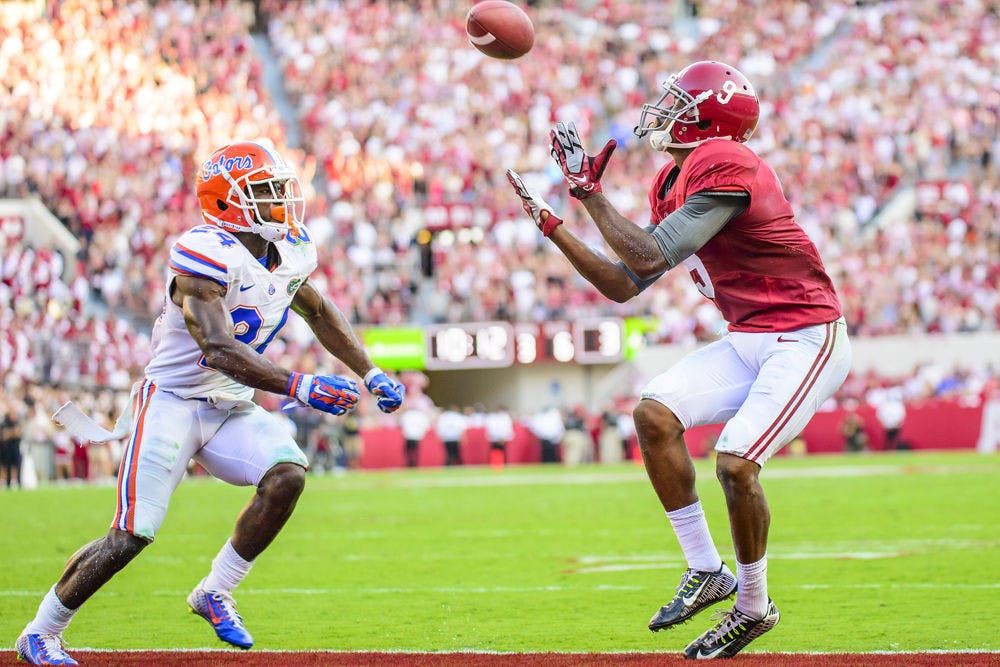 <p>Alabama wide receiver Amari Cooper catches the ball during the Crimson Tide's 42-21 win against the Gators on Sept. 20 at Bryant-Denny Stadium.</p>