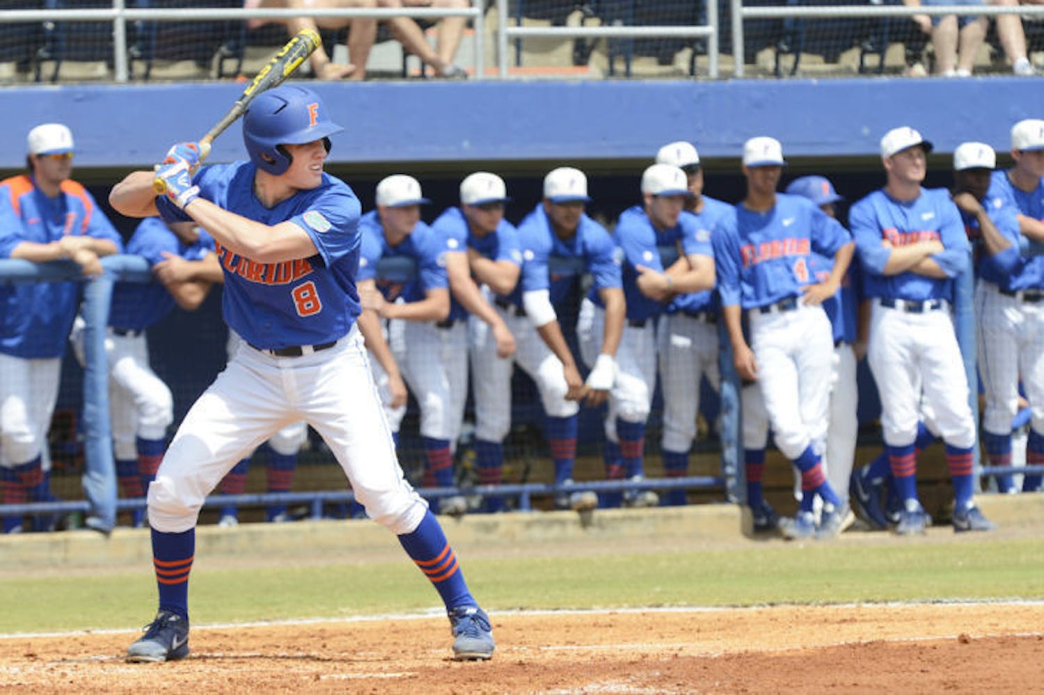 Outfielder Harrison Bader bats during Florida’s 4-0 win against Ole Miss on March 31, 2013,&nbsp;at McKethan Stadium.