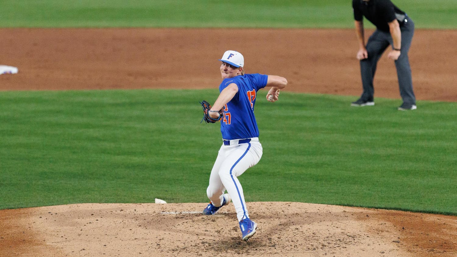 Florida right-handed pitcher Aidan King (47) pitches during an NCAA baseball game against Kennesaw State Saturday, Feb. 21, 2026, in Gainesville, Fla.