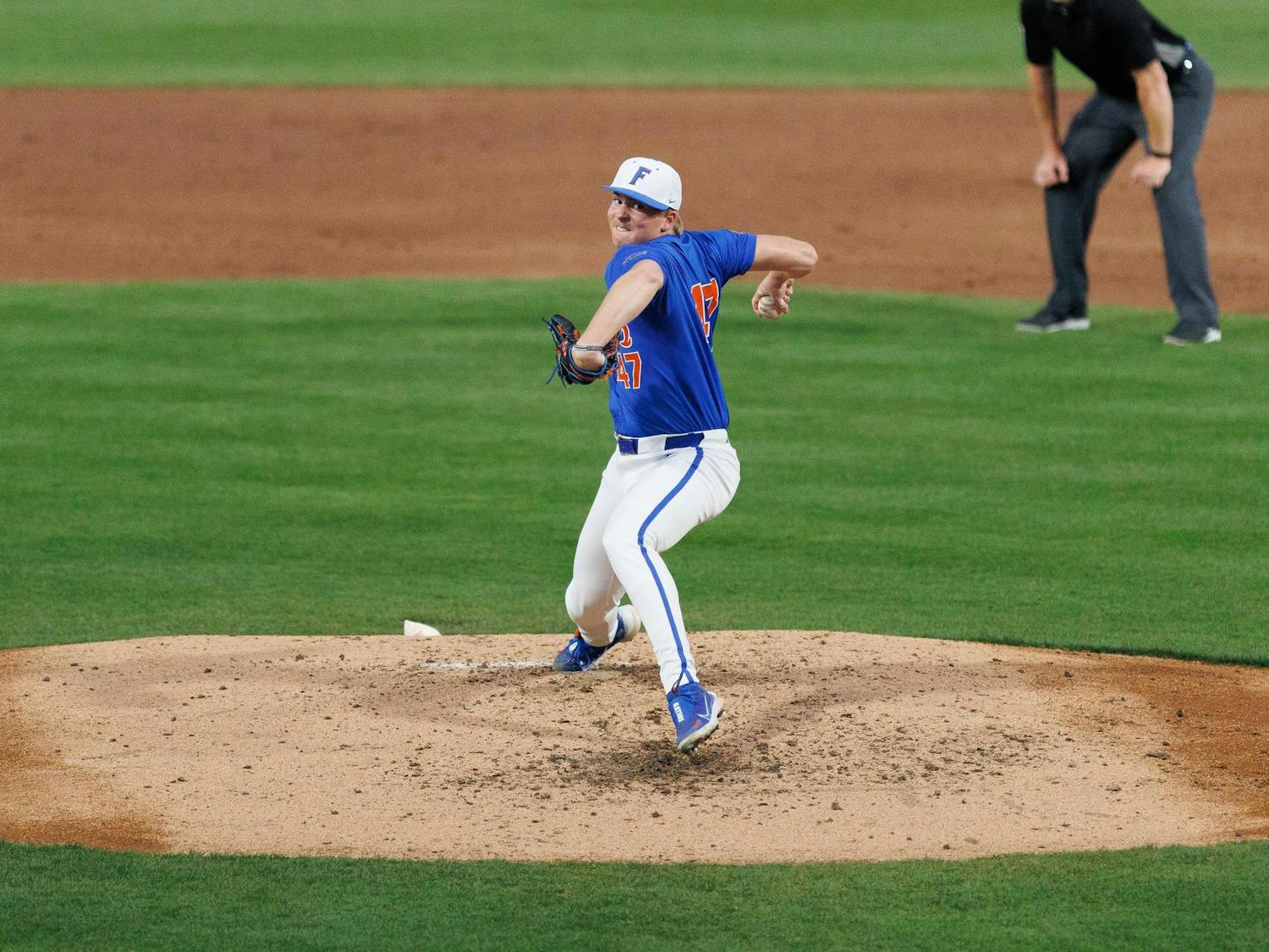 Florida right-handed pitcher Aidan King (47) pitches during an NCAA baseball game against Kennesaw State Saturday, Feb. 21, 2026, in Gainesville, Fla.