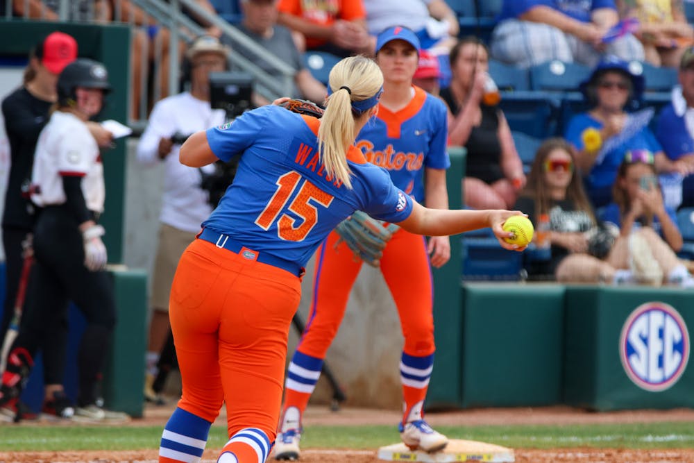<p>Florida infielder Regan Walsh throws to first base in the Gators 8-7 win against the Georgia Bulldogs Saturday, April 15, 2023.﻿</p>