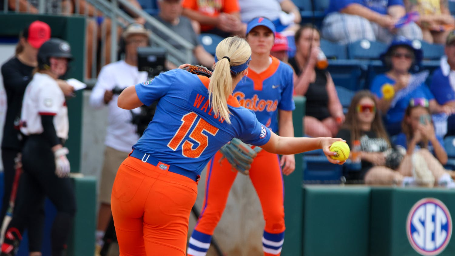 Florida infielder Regan Walsh throws to first base in the Gators 8-7 win against the Georgia Bulldogs Saturday, April 15, 2023.﻿