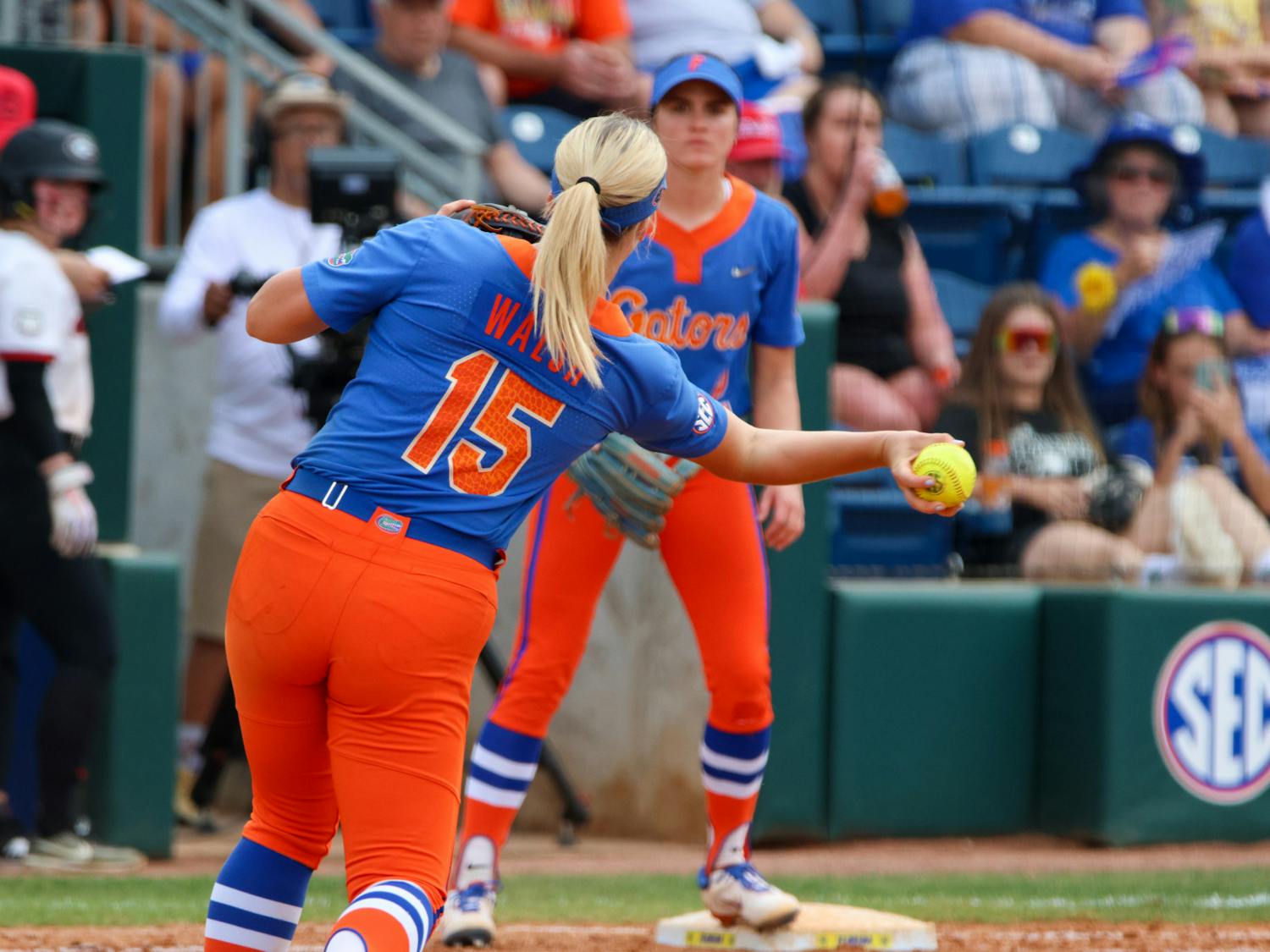 Florida infielder Regan Walsh throws to first base in the Gators 8-7 win against the Georgia Bulldogs Saturday, April 15, 2023.﻿