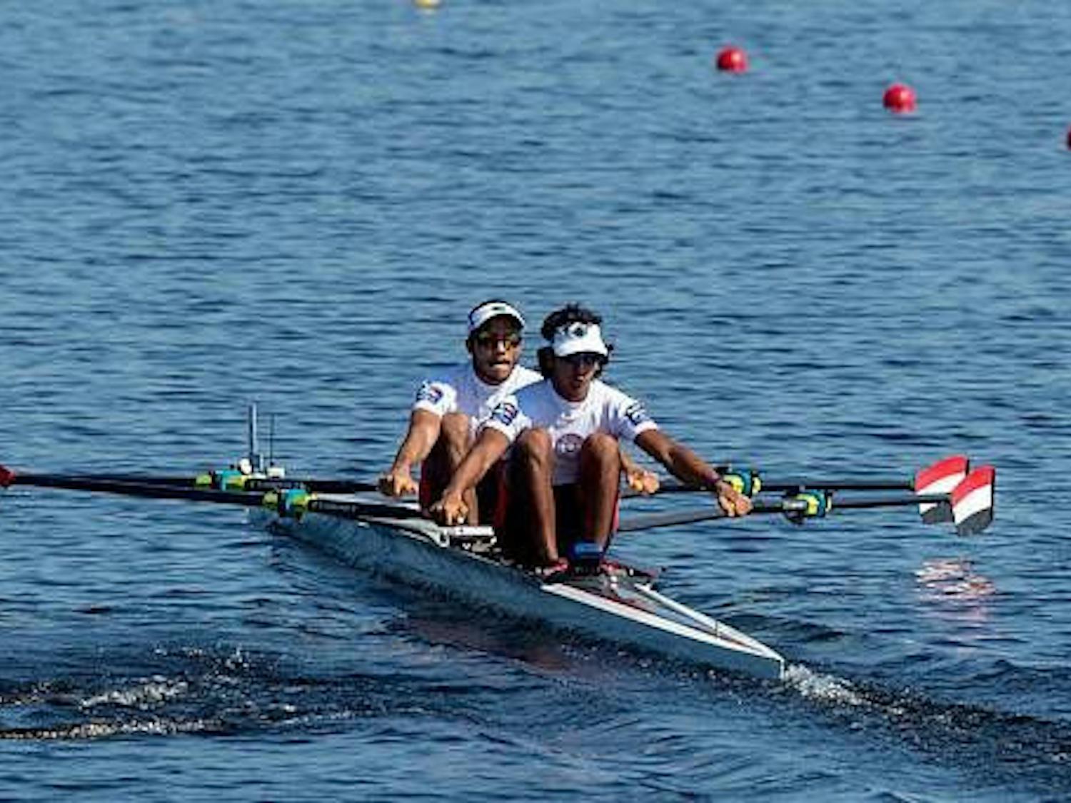 Eldeib (front) and his partner row in the lightweight double race during the 2017 Rowing Championship in Sarasota, Florida.