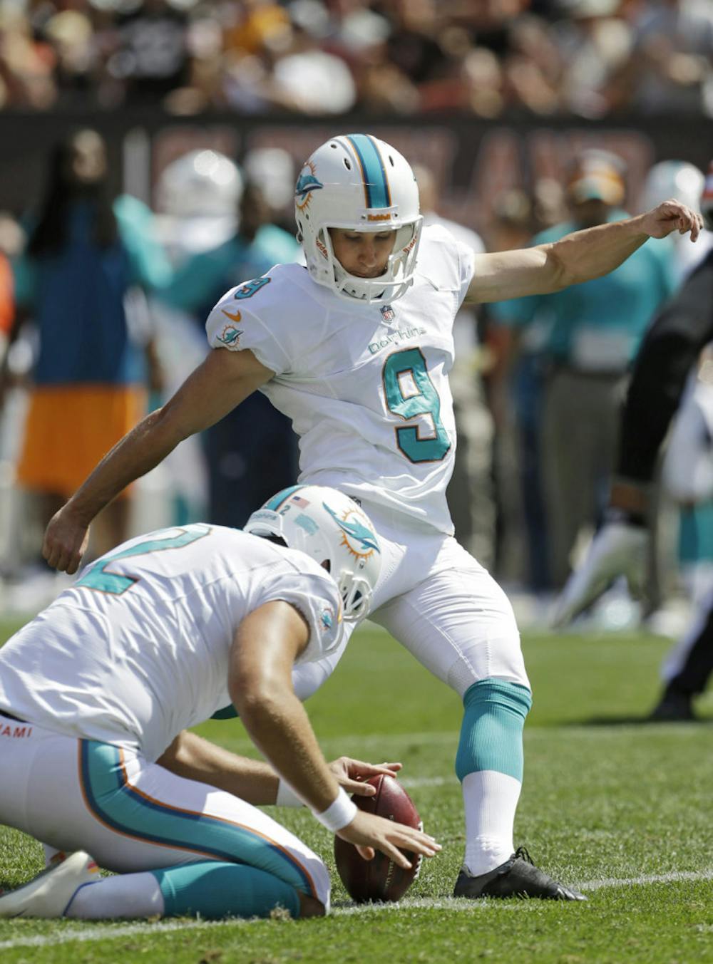 <p>Caleb Sturgis kicks a 45-yard field goal against the Cleveland Browns in the first quarter of Miami’s 23-10 victory on Sunday.</p>