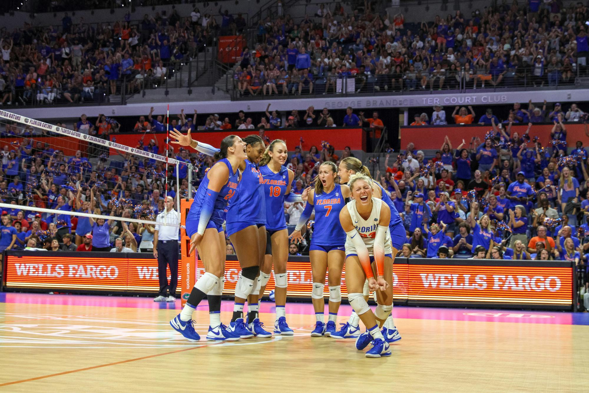 The Gators celebrate after winning a point in UF's 3-2 loss against the Wisconsin Badgers Sunday, Sept. 17, 2023.