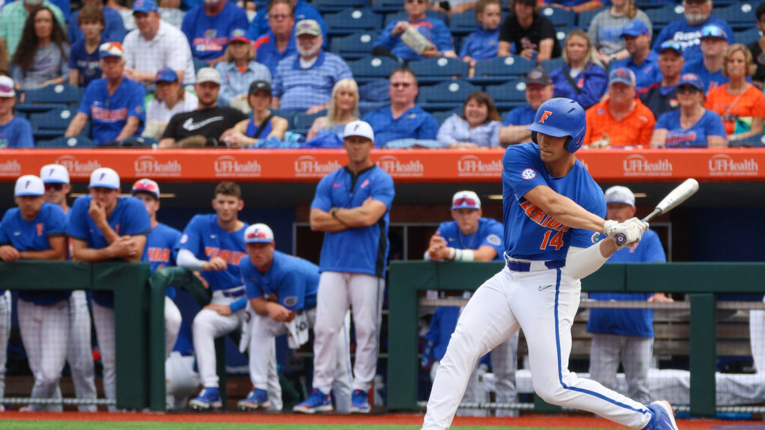 Gators designated hitter Jac Caglianone swings the bat against the Miami Hurricanes in an 14-6 defeat Saturday, March 4, 2023. 