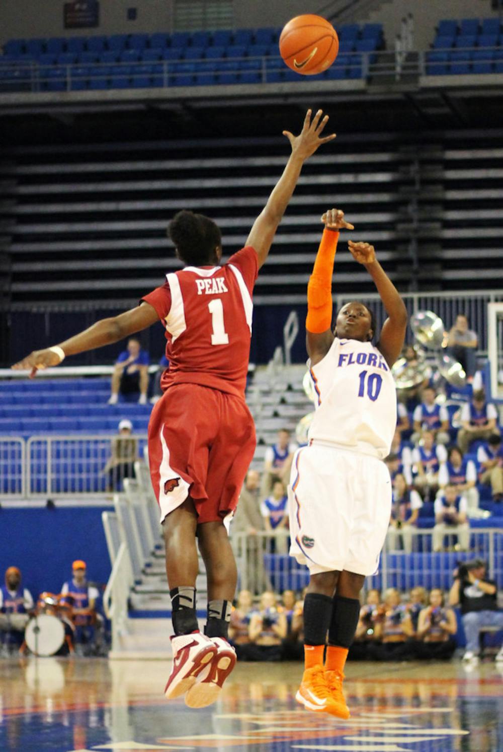 <p class="p1"><span class="s1">Junior guard Jaterra Bonds shoots during Florida’s 69-58 win against Arkansas on Feb. 28 in the O’Connell Center. Bonds scored 12 points against Winthrop on Monday.</span></p>