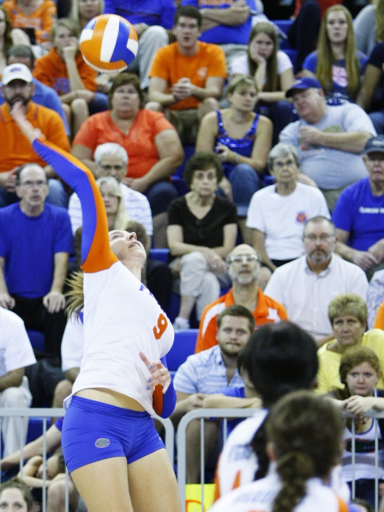 Ziva Recek spikes the ball over the net in Florida’s 3-0 win against Arkansas on Oct. 5, 2012, in the O’Connell Center.