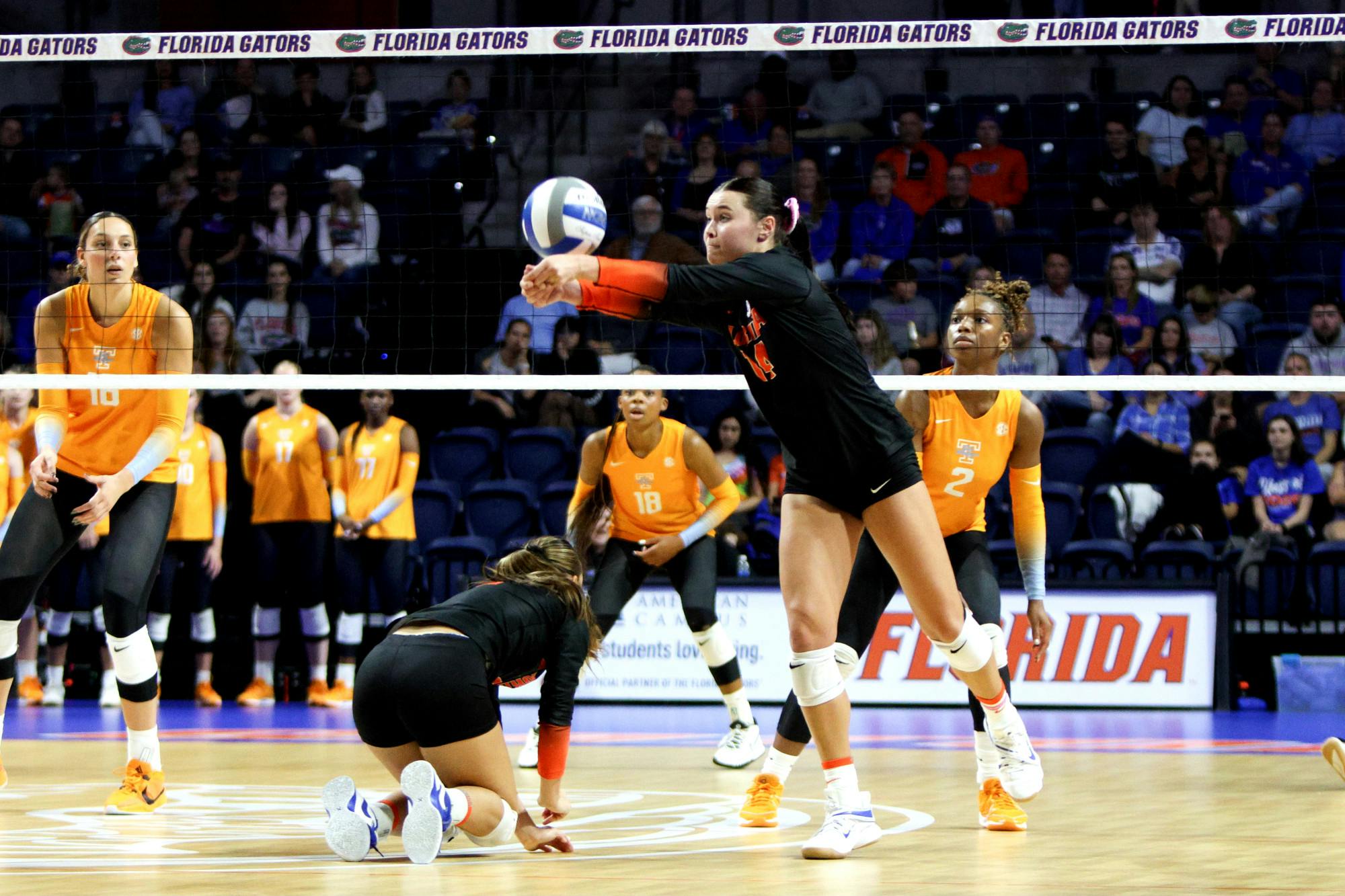 Graduate student setter Kennedy Muff sets the ball in the Gators' 3-2 loss to the Tennessee Volunteers on Friday, Nov. 3, 2023.