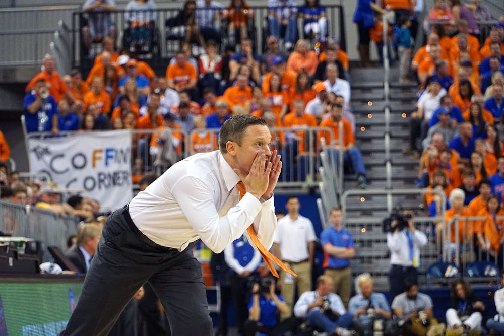 <p>UF coach Mike White calls out instructions during Florida's 88-79 loss to Kentucky on March 1, 2016, in the O'Connell Center.</p>