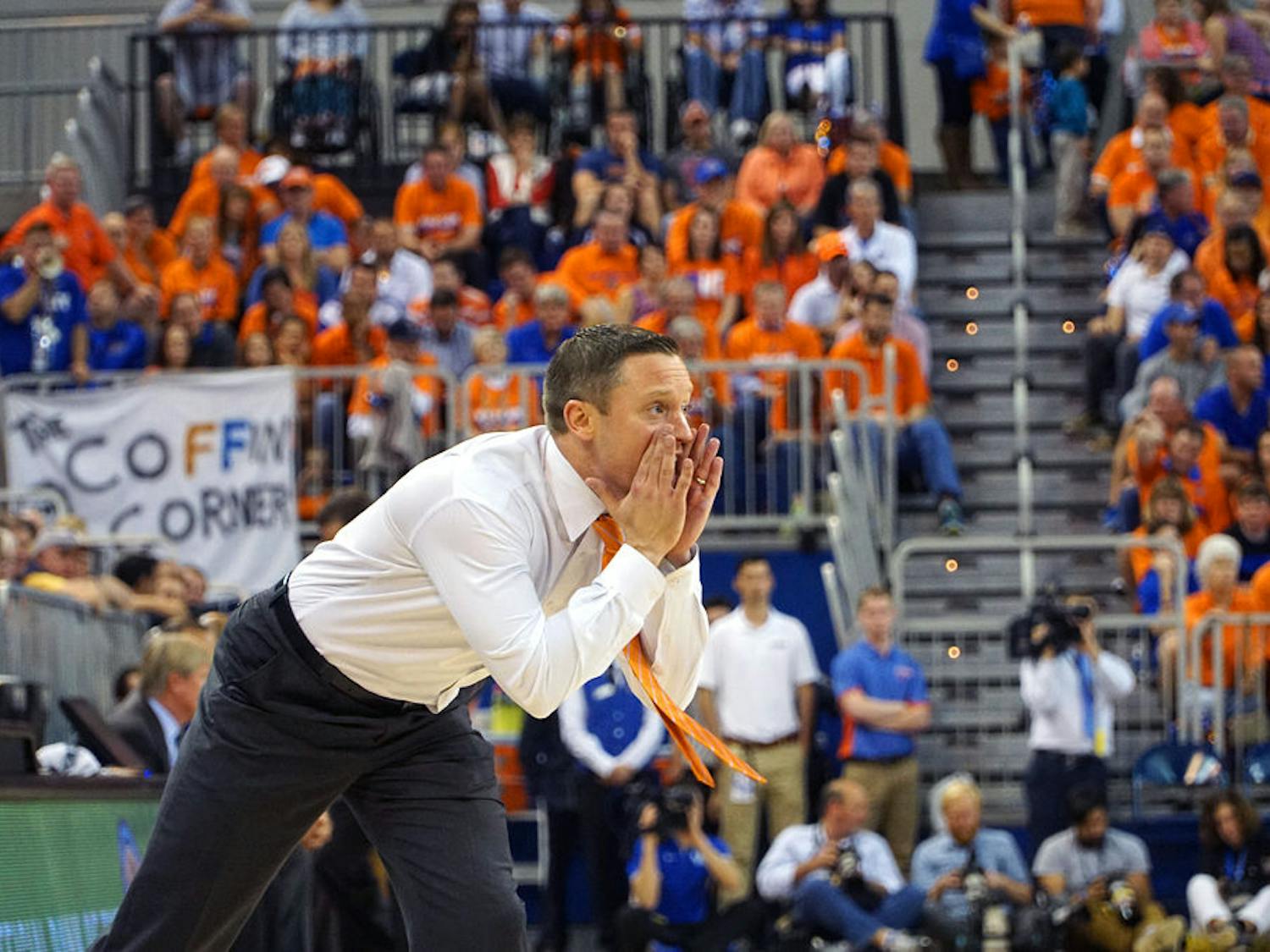 UF coach Mike White calls out instructions during Florida's 88-79 loss to Kentucky on March 1, 2016, in the O'Connell Center.